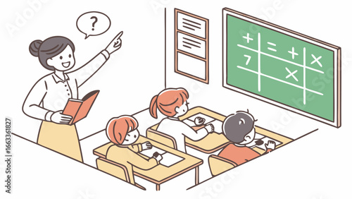 Elementary School Classroom Scene Teacher and Students Learning Math.