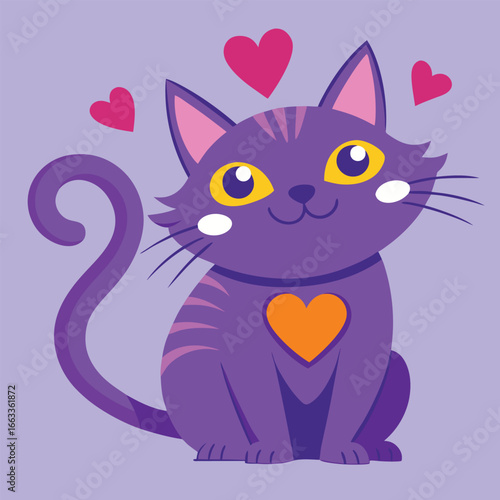 A charming cartoon cat, colored in a vibrant purple, sits on a soft lavender background.