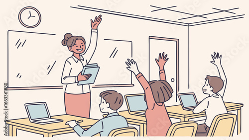 Enthusiastic Students Raising Hands in Classroom Lesson.