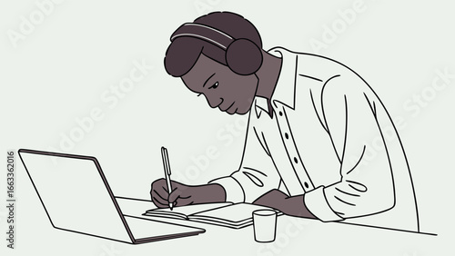 Focused Person Working on Laptop and Notes.