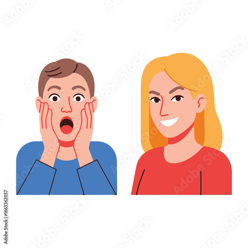 Contrasting Expressions: A vibrant illustration capturing the stark contrast between surprise and sly amusement, depicting two individuals whose expressive faces tell a captivating story.
