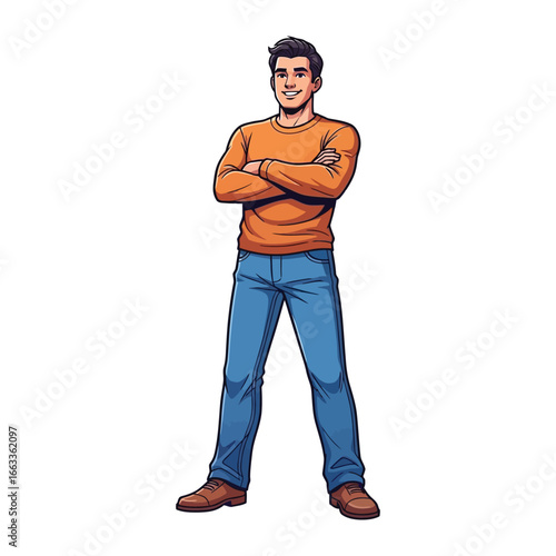 Confident Figure: A young man, exuding confidence with his arms crossed, his gaze straight, embodies a strong and approachable character.
