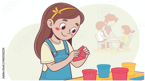 Girl Playing with Shapes and Clay in a Classroom Setting.