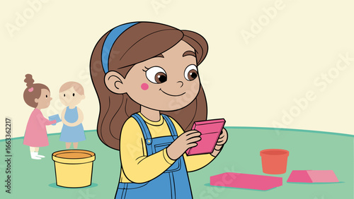 Girl Playing with Pink Building Blocks Outdoors.