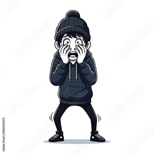 Fearful and Anxious: A close-up of a person shows sheer terror, his eyes wide with fear and face pale, a poignant illustration of vulnerability and distress.