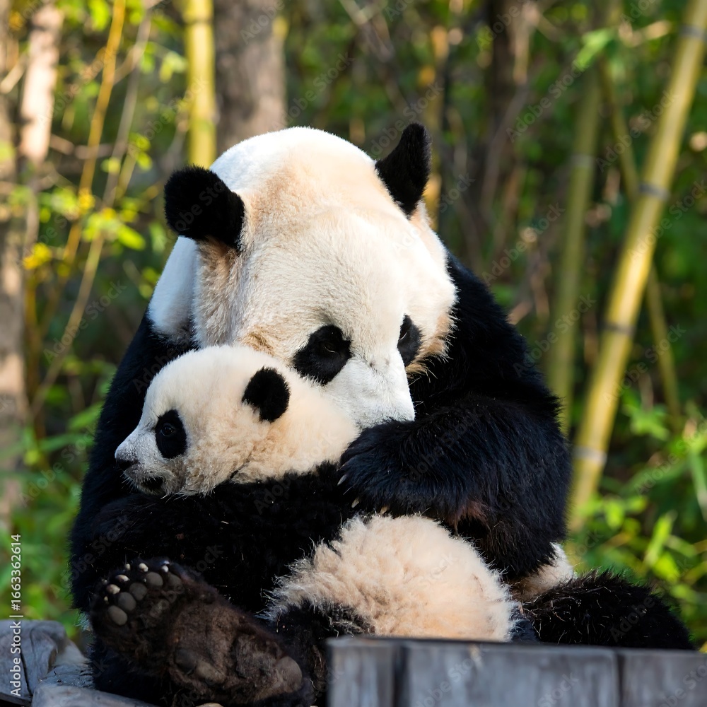 Naklejka premium Panda Mother and Cub Embrace