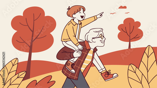 Grandfather carrying his grandson on his shoulders pointing at something in the distance.