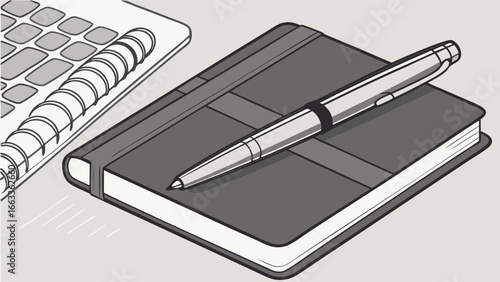 Gray Notebook with Pen and Keyboard Illustration.