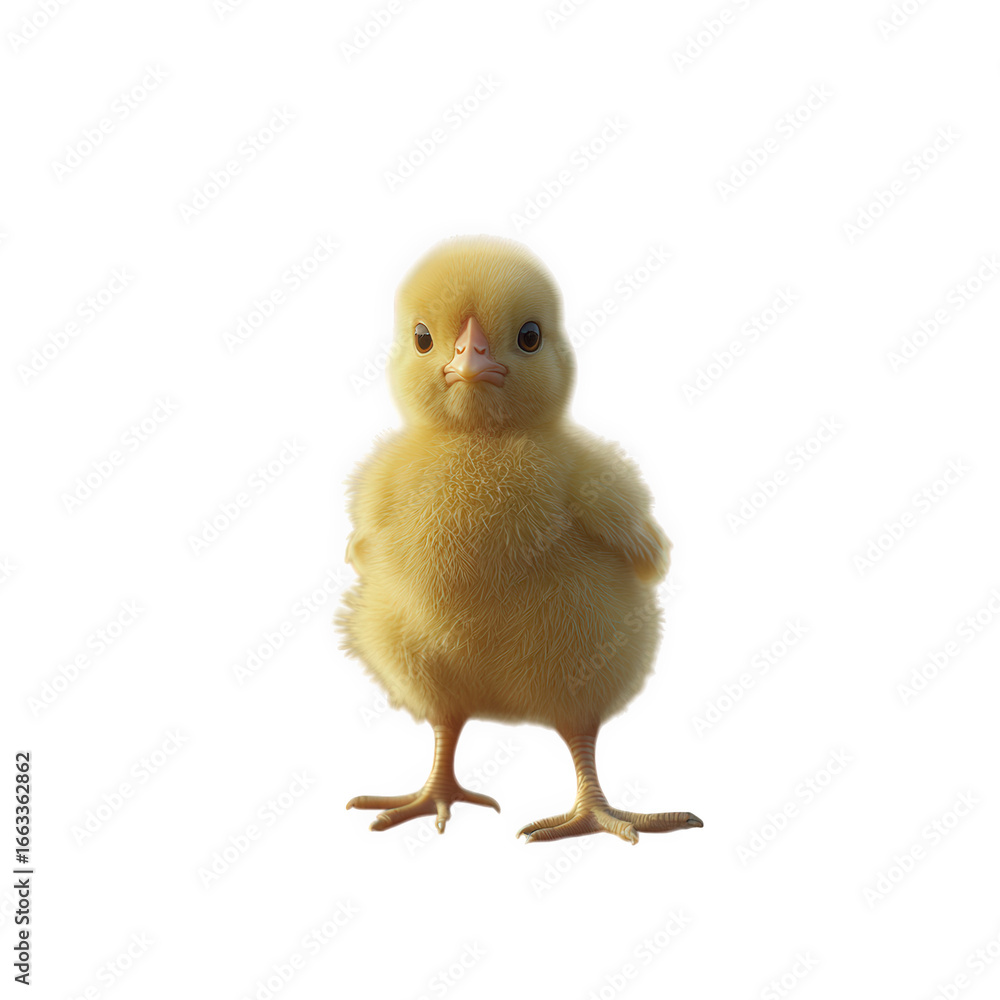 Obraz premium A cute yellow baby chick standing and looking forward, isolated on transparent background