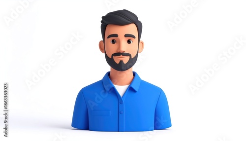 3D rendered male avatar, light-skinned, with a short dark beard and a blue collared shirt