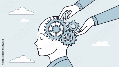 Hands Adjusting Interlocking Gears Within a Persons Head.