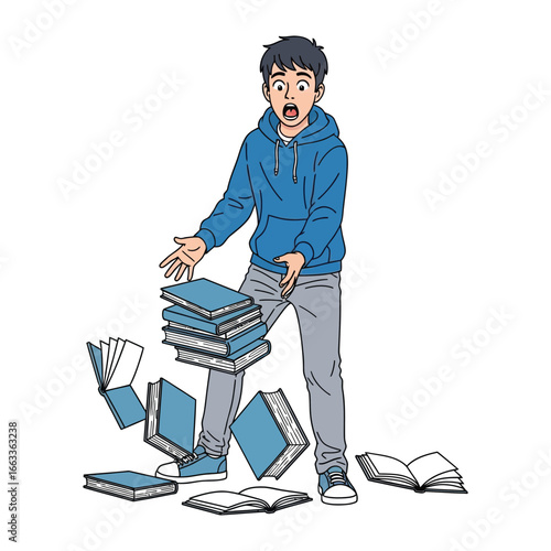 Oops Moment: A moment of disarray as a young student faces the unexpected tumble of books, caught mid-air in a comical situation and revealing a sense of surprise.