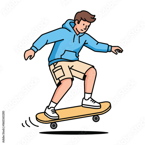 Young man skateboarder performing trick in casual attire