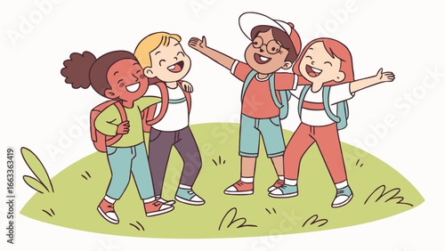 Happy Diverse Group of School Children with Backpacks Outdoors.