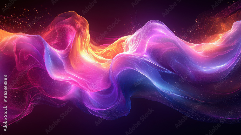 Obraz premium A vibrant, iridescent purple wave of light, captured in a dynamic 3D render, flows seamlessly into the darkness, forming a captivating gradient design element that would add depth and visual 