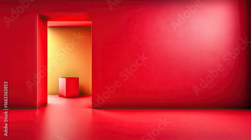 Red Room Interior with Golden Doorway and Cube