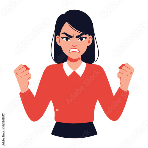 Frustration: A woman's face contorts with fierce frustration and clenched fists