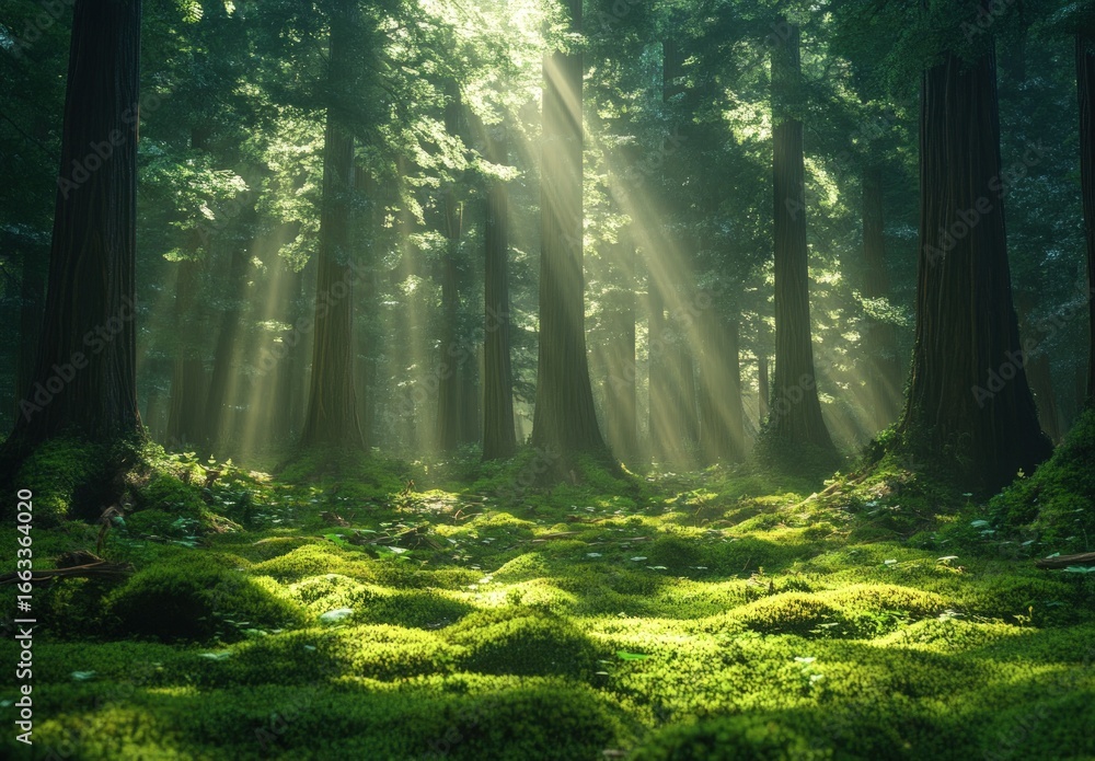 Obraz premium Sunlight pierces the canopy, illuminating mossy forest floor and towering trees creating a serene, ethereal scene