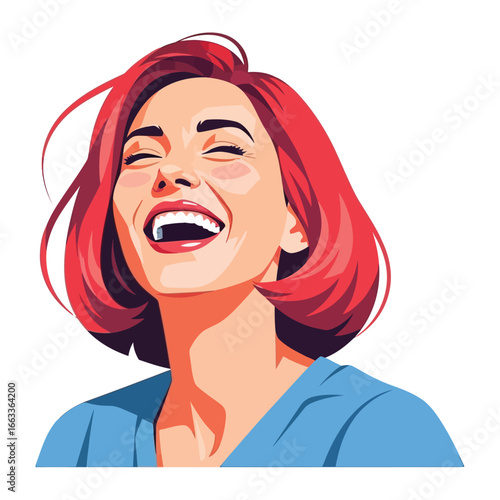 Radiant Joy: An illustration of a woman, her face alight with pure, infectious laughter, radiating happiness and well-being, expressing pure, unadulterated joy.