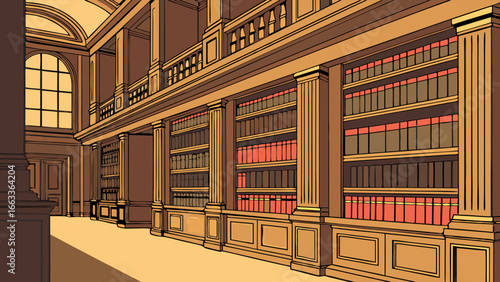 Illustration of a grand library interior with towering bookshelves and architectural details.