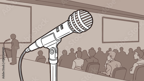 Illustration of a Microphone at a Conference with Audience.