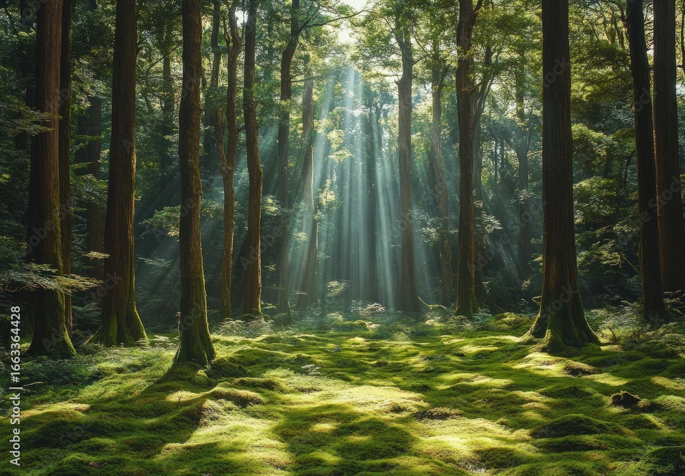 Obraz premium Sunbeams pierce a dense forest canopy, illuminating the mossy undergrowth and towering trees in a serene, natural setting