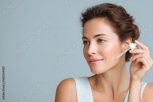 Radiant woman applying serum for glowing skin and healthy, youthful complexion