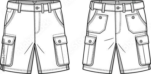Boys' Cargo Shorts – Summer Fashion Design with Flap Pockets, Detailed Front and Back Views, Technical CAD Drawing Flat Vector Illustration