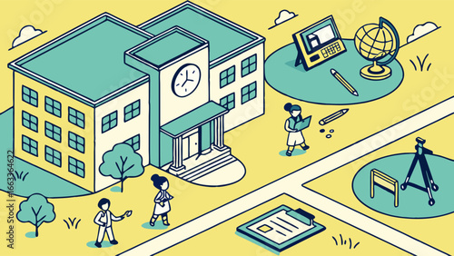 Isometric Illustration of a School Building with Students and Educational Tools.