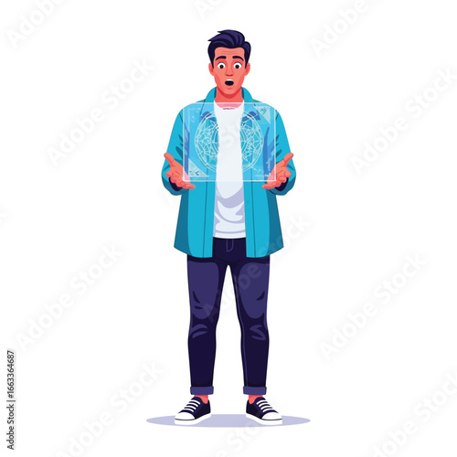 Shocked Expression: A surprised man with dark hair stands in awe, his eyes wide and mouth slightly open, conveying a sense of wonder. His pose suggests he is open to possibilities.
