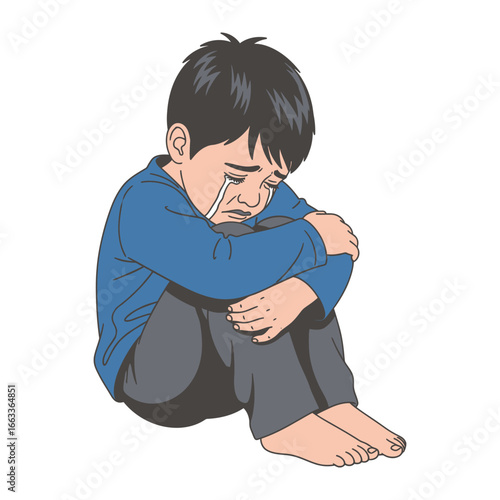 Alone in Sorrow: A young boy, head bowed, hugs his knees as tears stream down his face. Capturing the pain, loneliness, and vulnerability of youth. 