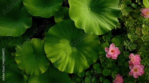 A large forest of green lotus leaves with many small pink buds, captured in HD with a top-down view and close-up focus, showcasing clear details of the leaves and buds in high-resolution.