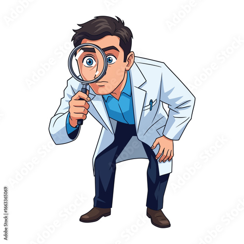 The Intense Analysis: An inquisitive researcher peers through a magnifying glass, showcasing an aura of profound insight in his examination.
