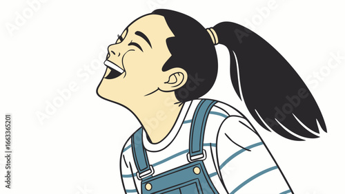Joyful Girl with Long Hair in Overalls Laughing Upwards 1.
