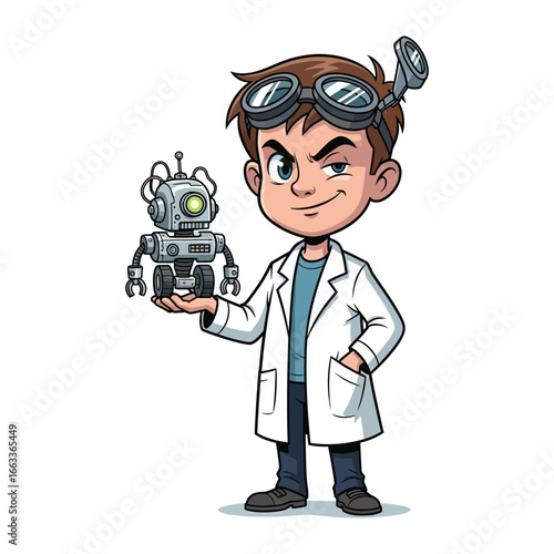 Young Inventor and Robot: A determined young inventor, clad in a lab coat, holds a miniature robot, a testament to ingenuity and futuristic imagination, showcasing the magic of science and innovation.