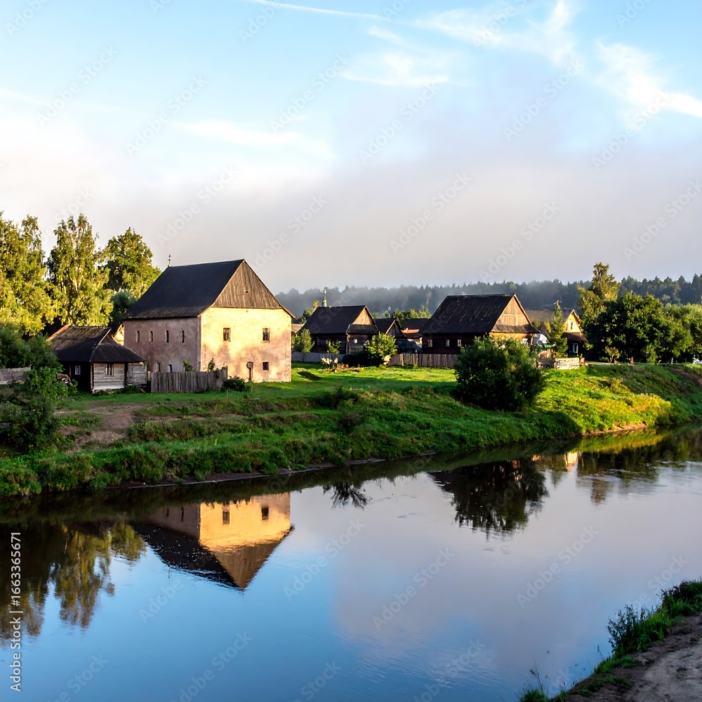 Obraz premium Rural Village by River at Dawn