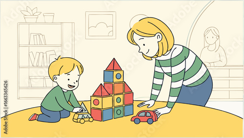 Mother and Child Playing with Colorful Building Blocks.