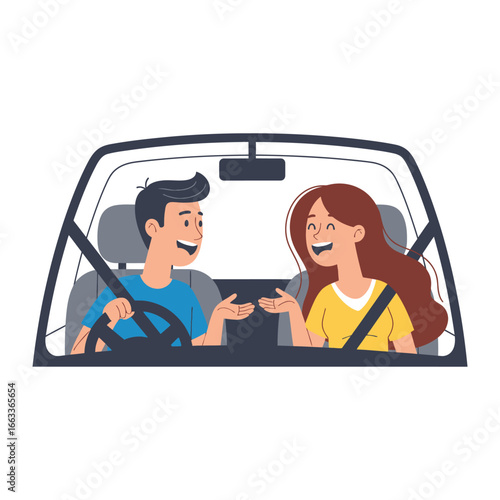 Friendly Ride: A smiling couple enjoys a drive, captured in a cheerful illustration perfect for themes of travel and connection.