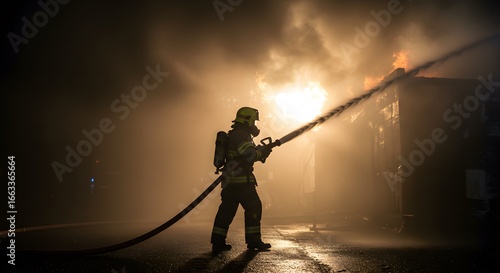 Firefighter battling flames with a hose at night