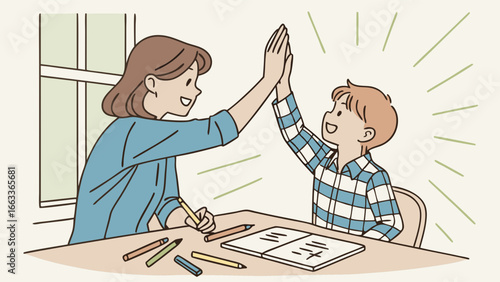 Mother and Son High Five After Homework Completion Illustration.
