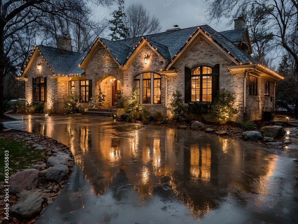 Fototapeta premium Beautiful photograph of a modern brick home at dusk, elegantly decorated with warm, glowing Christmas lights along the roofline, shimmering on the wet driveway after a gentle rain.