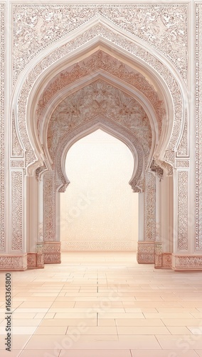 Intricate, ornate archway, multiple layers of arches, pastel pink and white stone, detailed carvings, symmetrical design, leading to a bright, open space, tiled floor