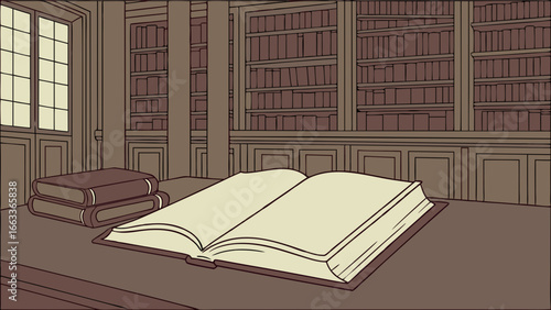 Open Book on a Table in a Classic Library Setting.