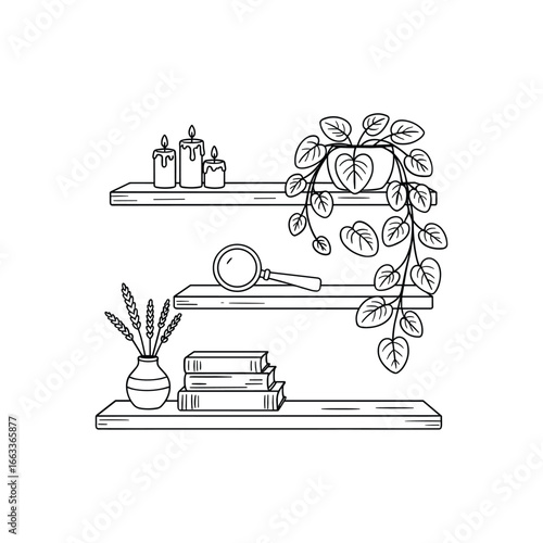 Cozy home interior sketch with shelves books plants magnifying glass and bottles white background