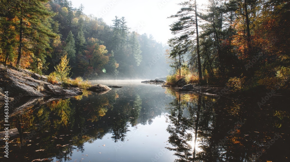 Naklejka premium Serene morning at a tranquil lake surrounded by vibrant autumn foliage