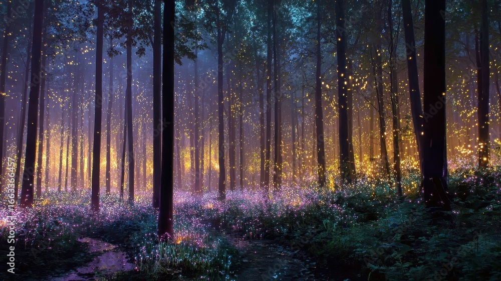 Fototapeta premium Magical forest at dusk with glowing lights illuminating the trees and ground
