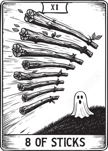 Vector Tarot Ghost with Eight of Sticks in Motion Theme and Esoteric Composition