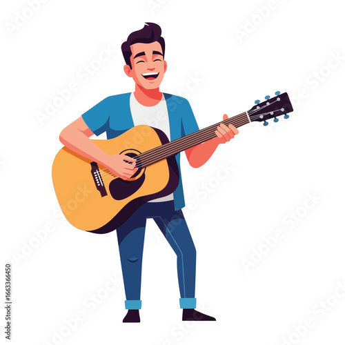 Harmonious Melody: A cheerful individual strums a vibrant acoustic guitar, lost in a moment of melodic bliss. His joyous expression hints at the pure pleasure of making music.