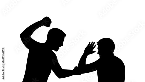 Silhouette Vector of Man Attacking Another Person with Raised Fist and Defensive Gesture Concept of Violence