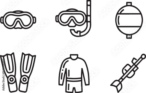 Collection of scuba diving and snorkeling equipment icons isolated on white background